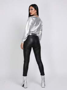 Mujer estilo urbano blusa efecto cuero brillante holgada cuello redondo manga larga otoño invierno noche diario blusa - Plateado - Ver 3
