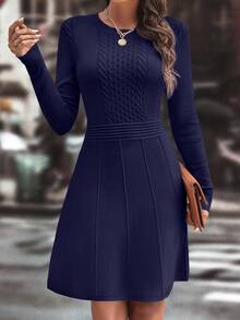 Ellegaria. Women's Casual Knitted Long Sleeve Round Neck Cable Pattern Dress, Autumn/Winter - Royal Blue - View 4