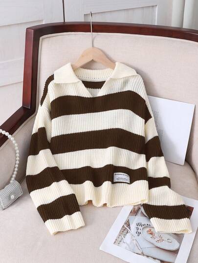 SHEIN Teen Girl Knitted Brown & White Striped English Logo Turtleneck Loose Casual Sweater Collared Sweater Cropped Sweater Knit Sweater Teen Girl Sweater Striped Sweater In Fall/Winter