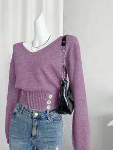 Celisse 女士纯色V领落肩长袖收腰休闲毛衣，秋冬款 - 紫丁香色 - 查看 5
