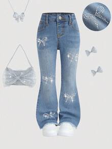 女童闪亮蝴蝶结水钻装饰蓝色牛仔弹力修身喇叭裤 - 中等水洗藍 - 查看 2