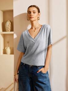 Lymera Women's Casual Fashion Basic Short Sleeve French Cashmere V-Neck Layered Collar T-Shirt, Spring/Summer - Grey - View 6