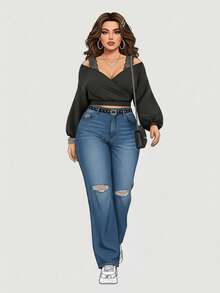 SHEIN MOD Áo nỉ hở vai tay dài ren rộng rãi cho nữ cỡ lớn - Xám - Xem 6