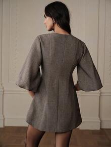 Aveloria Rosie 女士时尚灯笼袖人字纹针织连衣裙，优雅百搭 - 彩色 - 查看 7