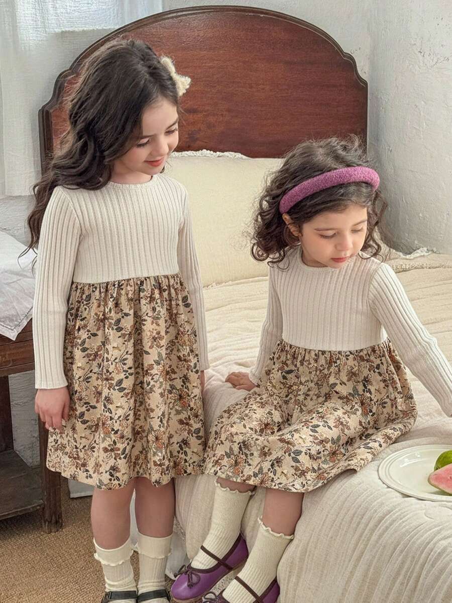 LMoss Kids LMoss 女童纯色针织圆领拼接花卉休闲连衣裙,长袖连衣裙,冬季连衣裙,秋季连衣裙,舒适的秋冬款式,姐妹装 - 彩色 - 查看 1