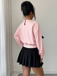 Elenzga Women's Autumn New Fashionable Minimalist Bow Decor Short Sweatshirt - Baby Pink - View 2