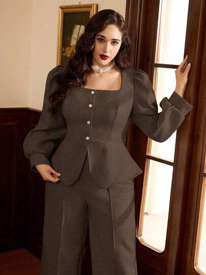 Auvina 女士优雅通勤杏色粗花呢方领泡泡袖单排扣珍珠纽扣装饰长袖修身衬衫，加大码女士优雅通勤杏色粗花呢拉链装饰松紧腰修身直筒加大码裤