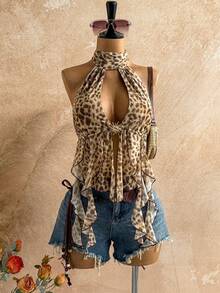 Soleia Women's Vacation Sexy Leopard Print Scarf Backless Bow Tie Strap Flowy Hem Blouse, Suitable For Beach, Seaside, Sexy Date, Holiday, Afternoon Tea, Wedding Season, Cruise, Road Trip, Boho Vacation, Music Festival, Hippie, Western Style, Can Be Worn Inside Or Outside, All Season Leopard Top Bohemian Top Cheetah Top Scarf Top Animal Print Top - Khaki - View 1