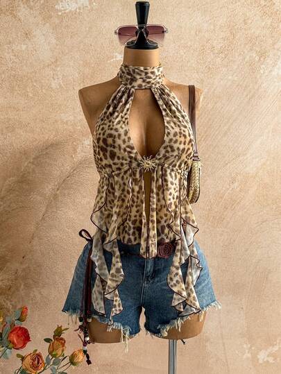  Soleia Women's Vacation Sexy Leopard Print Scarf Backless Bow Tie Strap Flowy Hem Blouse, Suitable For Beach, Seaside, Sexy Date, Holiday, Afternoon Tea, Wedding Season, Cruise, Road Trip, Boho Vacation, Music Festival, Hippie, Western Style, Can Be Worn Inside Or Outside, All Season Leopard Top Bohemian Top Cheetah Top Scarf Top Animal Print Top