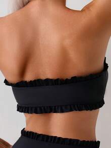 Swim Basics 女士夏季沙滩纯色荷叶边抹胸比基尼套装，前系带，两件式泳衣黑色泳装 - 黑色 - 查看 6