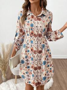 SHEIN Clasi 女士印花荷叶袖单排扣休闲衬衫裙 - 彩色 - 查看 4