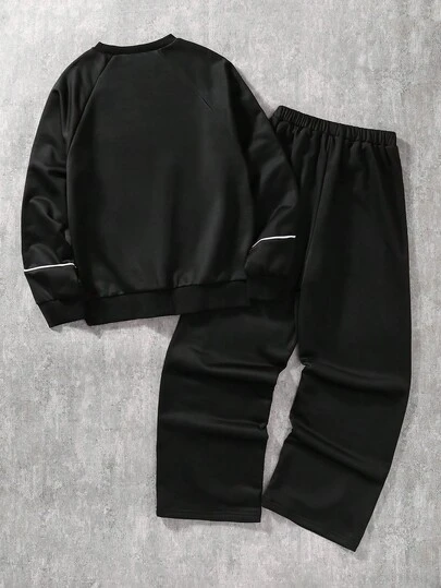 SHEIN Coolqubz 2pcs/Set Casual Streetwear Outfit For Teenage Boys, Loose Fit Letter Print Hoodie And Straight Leg Pants With Contrast Stripe Design Fall Winter