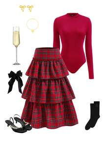 مجموعة للنساء مكونة من 2 قطعة: ملابس علوية قفطان أحمر بأكمام طويلة وتنورة أحمر مربعات ذات خصر عالي وأسفل متسع، طقم ملابس كاجوال مريح ومناسب الحجم