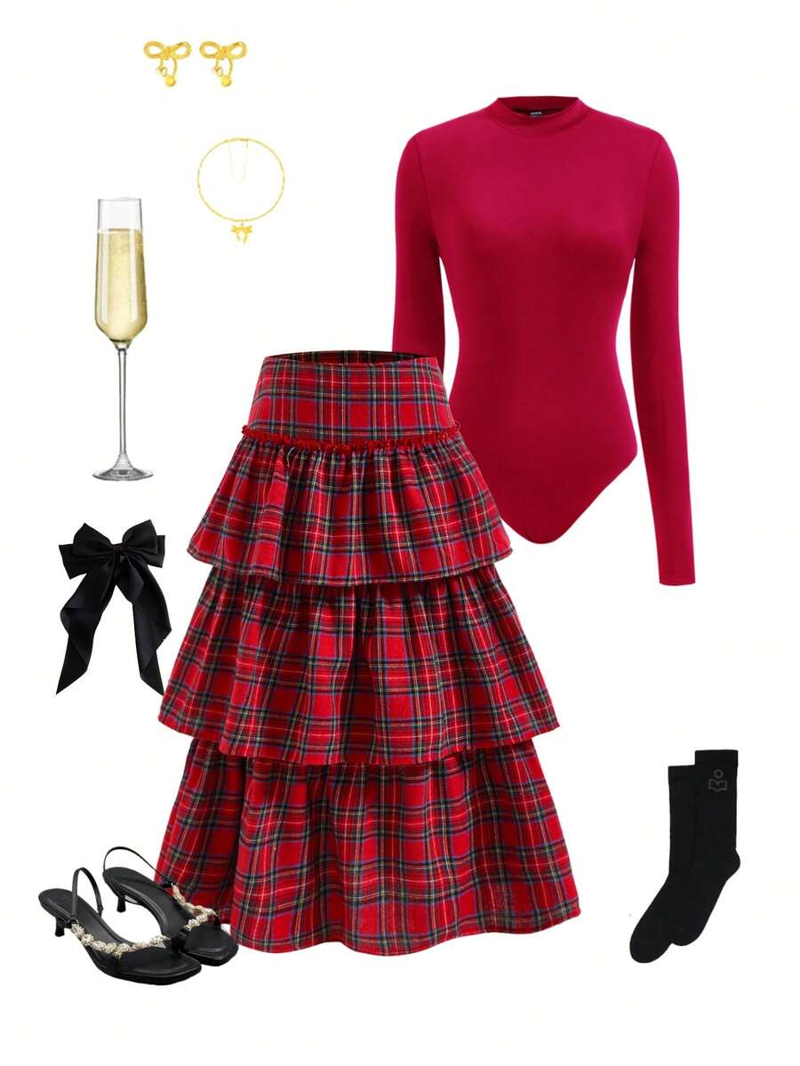 مجموعة للنساء مكونة من 2 قطعة: ملابس علوية قفطان أحمر بأكمام طويلة وتنورة أحمر مربعات ذات خصر عالي وأسفل متسع، طقم ملابس كاجوال مريح ومناسب الحجم