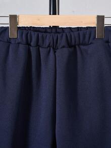 SHEIN Vacaura 2pcs/Set Boys Casual Hooded Sweatshirt And Sweatpants Knit Set, Autumn/Winter Fall - Navy Blue - View 7