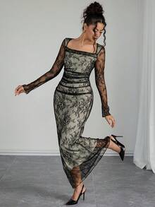 Rafferiza Vestido elegante de manga larga con cuello de cisne, encaje floral y plisado ajustado para mujer - Negro - Ver 3