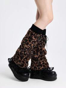 ROMWE Grunge Punk 1双可爱卡哇伊爱心豹纹白底阔腿套 - 咖黑色 - 查看 4