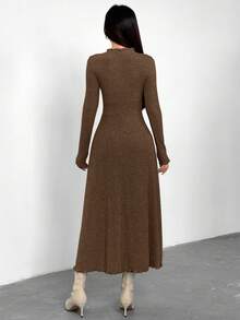 Feyla Đầm midi tay dài cổ chữ V buộc phía trước màu trơn dành cho nữ - Cà phê nâu - Xem 2