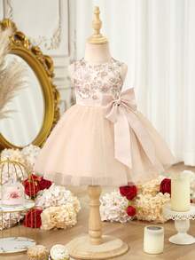 Vestido de malla con estampado floral champán elegante y lindo para niña bebé - Champán - Ver 5