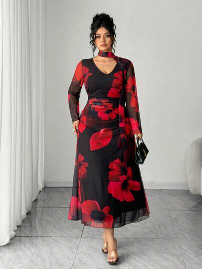 Elenzga Plus Size Fashionable Sexy Printed Dress, European And American Style Long Sleeve Maxi Dress Women Hibiscus Dress Floral Dress Women Elegant