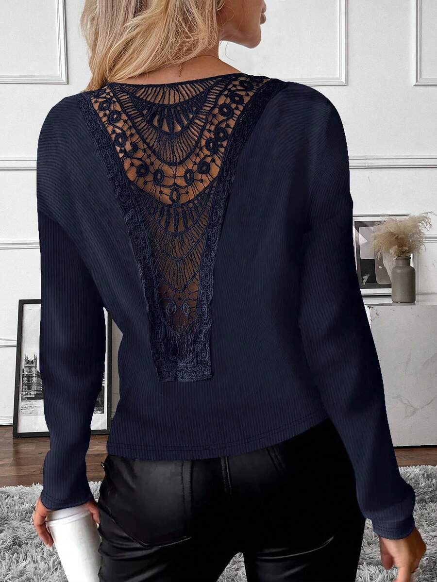 EMERY ROSE Women's Solid Color Round Neck Casual Lace Hollow Out Loose T-Shirt - Navy Blue - View 1