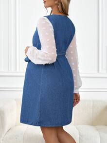 SHEIN Maternity Patchwork Round Neck Belted Casual Long Sleeve Denim Dress Winter Christmas New Year Thanksgiving Commuting Vacation Graduation Chic Y2k Cute Streetwear Party Wedding Elegant Business Casual Woman Casual Denim Dress Round Neck With Mesh Lantern Sleeves And Adjustable Waist Belt Christmas Maternity Dress Lace Denim Maternity Dress New Year Gathering Maternity Dress - Blue - View 2