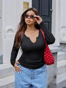 SHEIN EZwear 大码V领罗纹长袖休闲百搭T恤，秋冬款 - 黑色 - 查看 5