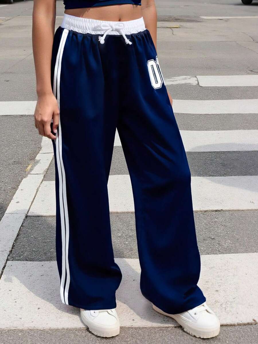 Sparklyn 1件装少女Y2K宽松运动裤，印有01数字，高腰抽绳阔腿运动裤，复古街头风宽松休闲裤，适合日常和街头风格，藏蓝色 - 藏蓝色 - 查看 1