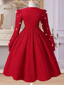 Glamorique Kids Girls' Vintage Elegant Velvet Pearl Decor Hollow Out Round Neck Puff Sleeve High Waist A-Line Mid-Length Dress - Red - View 2