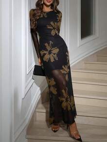 Aveloria Modichic 笔触花卉印花网眼性感束腰长袖女士连衣裙女士连衣裙优雅秋季女士服装 - 彩色 - 查看 4