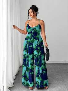 Elenzga Bộ đồ liền thân có dây đeo điều chỉnh họa tiết hoa tie-dye thanh lịch dành cho nữ cỡ lớn, thời trang và tinh tế cho đầu xuân - Màu xanh lam - Xem 5