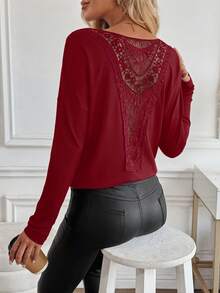 EMERY ROSE Women's Solid Color Round Neck Long Sleeve Contrast Lace Fashion T-Shirt - Burgundy - View 3