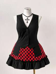 Sunspun Conjunto de 2 piezas de mujer talla grande, estilo gótico punk de unicolor con chaleco + minifalda de cuadros rojos retro estilo punk rock sexy de cintura alta, adecuado para vacaciones, oficina, Acción de Gracias, Día de San Valentín, uso diario, estilo escolar, primavera, verano, otoño - Multicolor - Ver 7