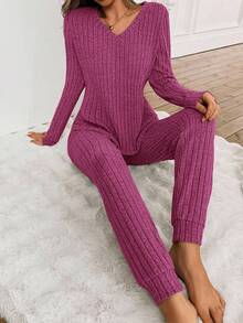 SHEIN Women's Ribbed Fleece V-Neck Long Sleeve Pajama Set Winter Clothes - Hot Pink - View 4