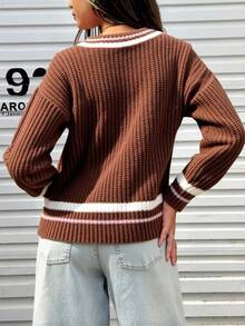 Suéter tejido mujer cuello v rayas color contraste manga larga estilo casual holgado suave invierno - Marrón Chocolate - Ver 3