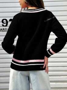 Suéter tejido mujer cuello v rayas color contraste manga larga estilo casual holgado suave invierno - Negro - Ver 3