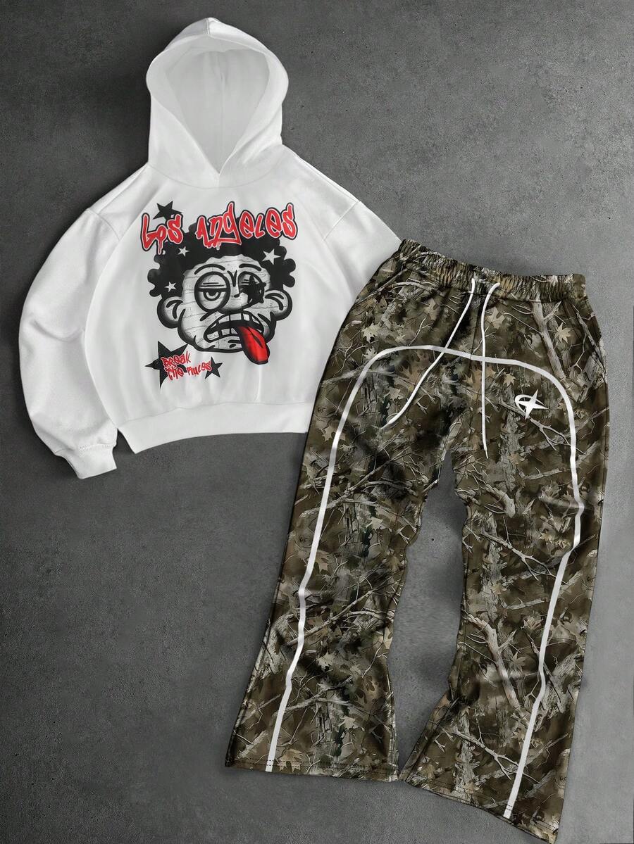 PAVTROS Bộ đồ thể thao nam gồm áo hoodie in chữ và hình hoạt hình, quần in họa tiết cành cây, có lớp lót giữ nhiệt. - Nhiều màu - Xem 1