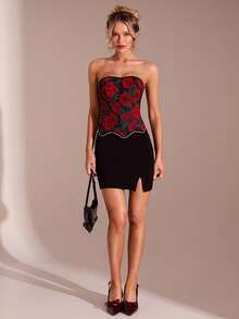 SHEIN Glamour 女士Y2K花卉图案弧形下摆时尚抹胸上衣 - 黑色 - 查看 3