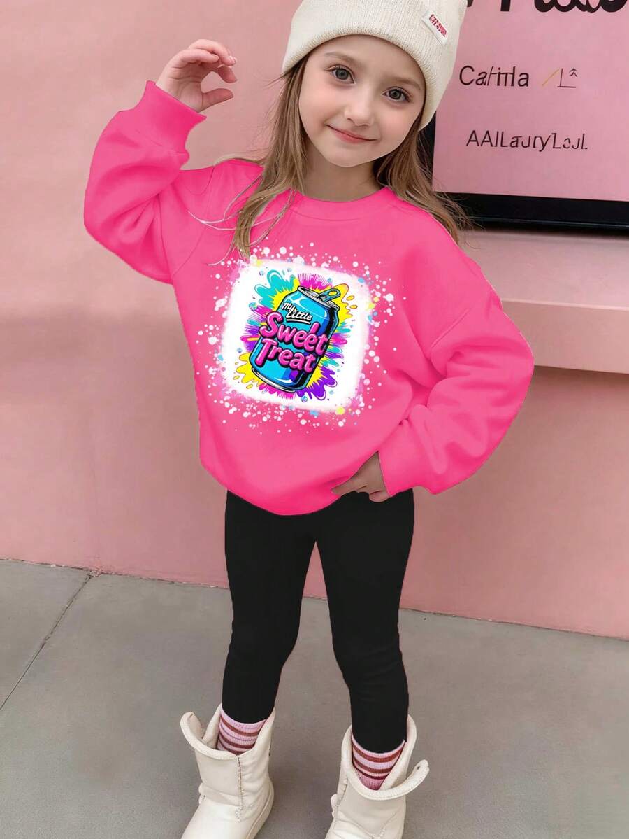 Young Girls Light Pink Splatter Paint & Can Tab Letter Print Long Sleeve Sweatshirt Set For Autumn,Back-To-School,Career Day,Outdoor Sports Wear - Multicolor - View 1
