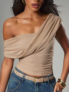 Hauture Women's Sexy Casual Solid Color Asymmetrical One Shoulder Ruched Top - Khaki - View 6