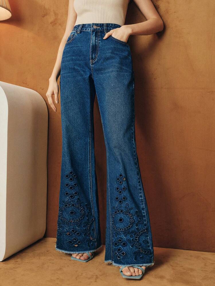 Women's Fashion Casual Hollow Embroidered Washed Flare Jeans