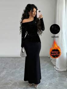 Elenzga Váy dài tay lệch vai đính cườm lấp lánh, thắt eo dành cho nữ, thích hợp cho các bữa tiệc, dạ hội, hẹn hò, mùa thu/đông - màu đen - Xem 3