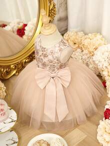 Vestido de malla con estampado floral champán elegante y lindo para niña bebé - Champán - Ver 1