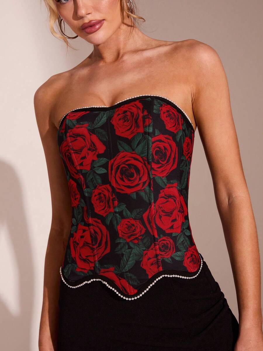 SHEIN Glamour 女士Y2K花卉图案弧形下摆时尚抹胸上衣 - 黑色 - 查看 1
