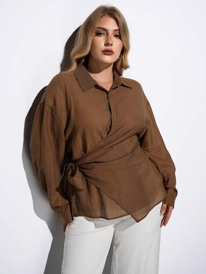 Maija Plus Size Caramel Color Waist Half Pocket Women's Shirt, Versatile, Elegant, Urban Romantic, Western Punk, Y2K, Country Music, Vintage, Korean, Airport Travel, Street, Wedding Guest, Birthday, Business Casual, Office, Date, Party, Outing, Back To School, Autumn/Winter Plus Size Oversized Shirts Brown Blouses Plus Size Shirts And Blouses Curvy Blouses Earthy Plus Size Spring To Summer Spring Outfit Womenvalentine's Day Carnival Fasching Women Costume Party Beach Wedding Vacation Casual