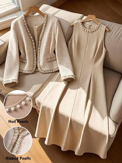 Regalyn Plus Size Women's 2-Piece Set: Elegant Contrast Color Beaded Trim V-Neck Long Sleeve Cardigan Jacket And Round Neck Pearl Decorated Maxi Dress, Suitable For Autumn/Winter Casual, Work, And Party Occasions