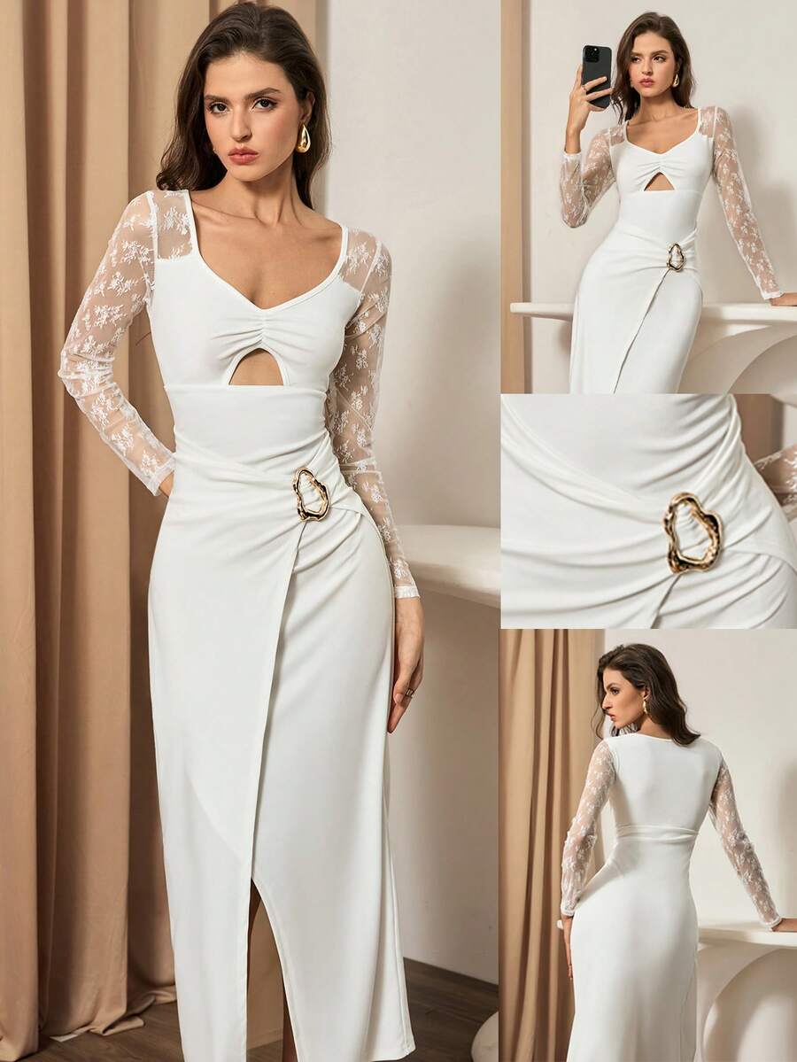 Bluhae Vestido casual de manga larga con parches de encaje de unicolor y minimalista para mujer - Blanco - Ver 1