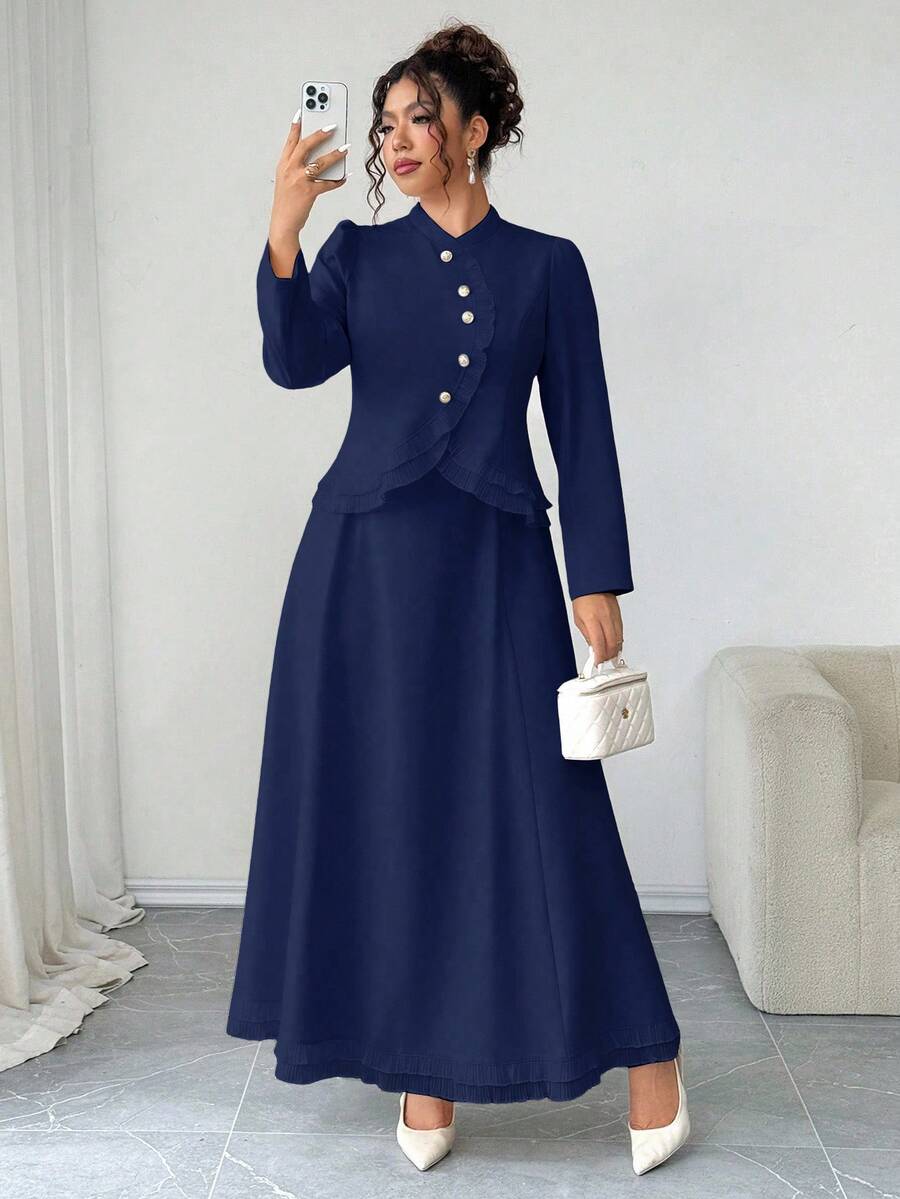 SHEIN Elenzya 大码挺括梭织面料高领长袖不规则弧形开口金色纽扣装饰收腰A字下摆荷叶边修身衬衫 + 收腰伞裙荷叶边半裙，优雅适合外出、通勤、聚会、约会等场合，两件套 - 藏蓝色 - 查看 1