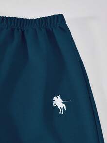 SHEIN Sparklyn 3 件套青少年女孩休闲装，包括带马图案的连帽拉链运动衫、白色背心和松紧腰直筒裤，秋季 - 霧霾藍 - 查看 5