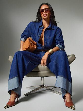 Hauture Women's Sexy Chambray Denim Drop Shoulder Long Sleeve Wide Leg Denim Jumpsuit